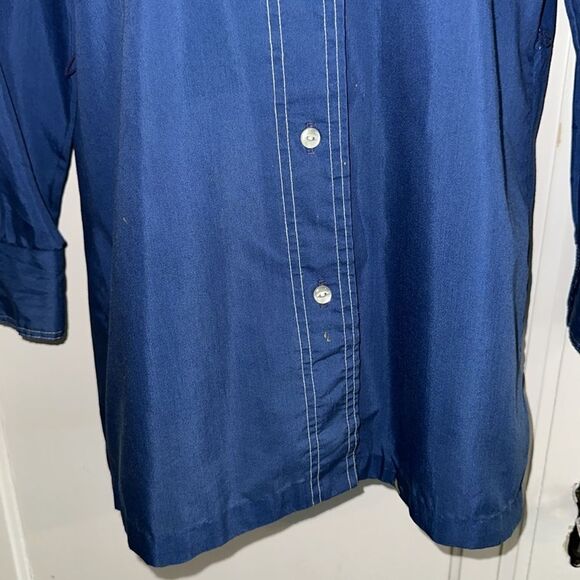 Vtg 70s Blue with White Stitching Long Tunic Polyester/Cotton Long Sleeve Shirt - Picture 3 of 9
